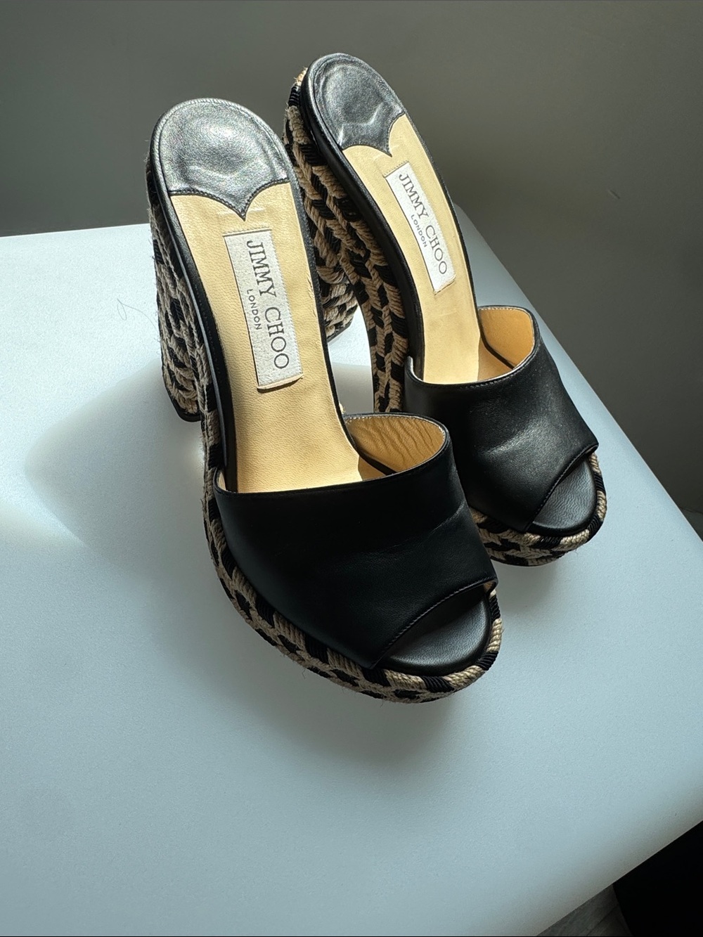 Jimmy Choo Black Leather Platform Sandals with Braided Jute Heel